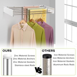 JolyBay Wall Mounted Laundry Drying Rack, Retractable Clothes Drying Rack for Bathroom with Wall Template, 5 Stainless Rods Heaving 60 lb Capacity (White, 31.5")