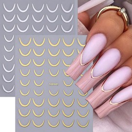 HYWWPFLAY 3 Sheets French Tip Nail Art Stickers, Self - Adhesive Metal Curved Nail Stickers, 3D Gold White Black Curve Stripe Wave Nail Design Nail Decals for Women Girls DIY Manicure Decor Supplies