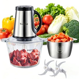 Electric Food Processor, 3-Speed Food Chopper with Meat Grinder & Vegetable Chopper - 2 Bowls (8.5 Cup Stainless Steel+8.5 Cup Glass) with Powerful 30
