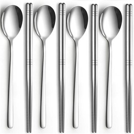 Spoon and Chopsticks Set, 4 Pair Stainless Steel Metal Chopsticks Spoon Set,4 Set Korean Chopsticks and Spoons,  Flat Long handle Chopstick Spoon Set for Home, Kitchen or Restaurant - Color: 4 chopsticks and 4 spoons set