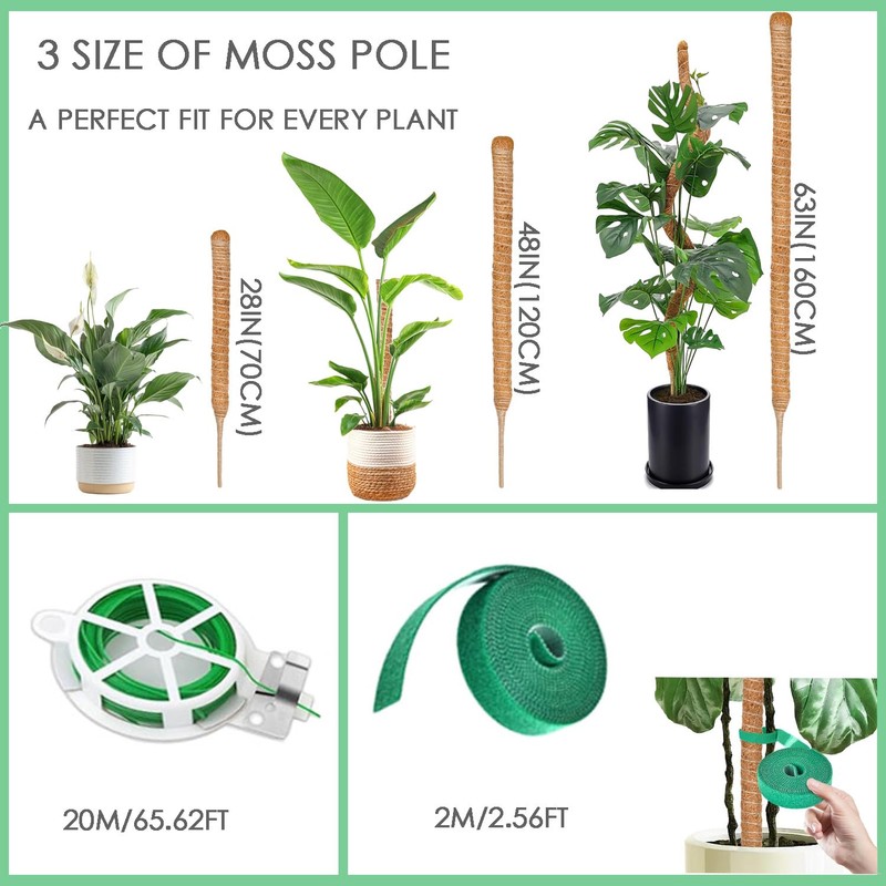 3 Pack Bendable Moss Pole 28" 48" 63" Monstera Plant
