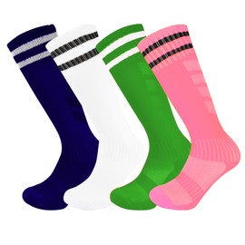 Marchare Boys Soccer Socks Toddler Athletic Socks 7-10 Years Knee High Striped Football Socks For Boys Girls Pink/Navy/Green/White 4 Pairs