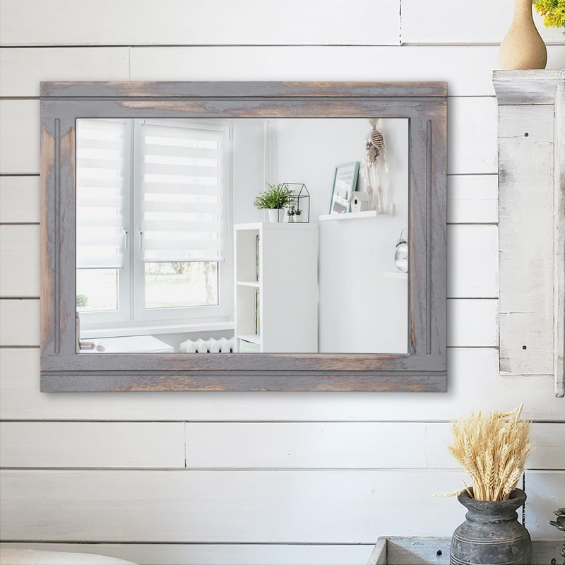 AAZZKANG Wood Framed Mirror 20"x16" Rectangular Rustic Wall Mirror Farmhouse