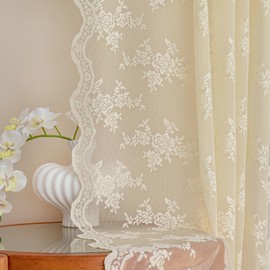 MEETSKY Light Yellow Lace Curtains 63 Inch Length, Yellow Cream Lace Curtain Vintage Victorian French Light Filtering Lacy Drapes for Living Room Bedroom, Each 50" Wx63 L, 2 Panels
