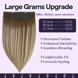 Fshine One Piece Wire Hair Extensions Real Human Hair 18 Inch Chestnut Brown Balayage Platinum Blonde Ombre Fish Line Wire Extensions Remy Human Hair Clip ins 120G