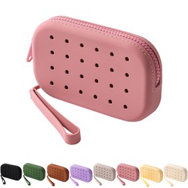 HHQQWZ Portable Silicone Makeup Bag for Women, Small Travel Toiletry Cosmetic Bag with Decorative Holes, Zipper Closure Organizer Makeup Case with Handle (Red)