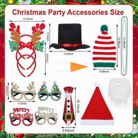 VioraWhite 19 Pcs Christmas Party Photo Booth Props, Christmas Hat Glasses Frames Christmas Headbands Necklaces Necktie White Beard Striped Knit Hat Black Hat Carrot Nose Set for Xmas Party Decoration