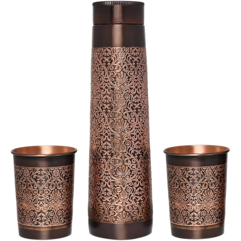 ANCIENTIMPEX Copper Water Bottle with 2 Tumblers Set, Floral Pattern
