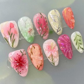 24Pcs Colorful Flower Press On Nails Medium Almond Summer Fake Nails with Floral Butterfly Designs Cute Handmade False Nails Full Cover Artificial Almond Nails Tips for Women Manicure for Women Girls