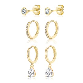 Gold Hoop Earrings for Women, 3 Pairs 925 Sterling Silver Stud & Hoop Earrings & Drop Earrings Set, Hypoallergenic Huggie Hoop Earrings Cubic Zirconia Small Cartilage Sleeper Earrings