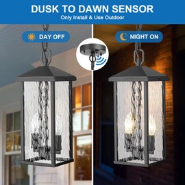 Starcurin Outdoor Pendant Lights for Porch Chandelier Outdoor Pendant Lights Dusk to Dawn, 2-Light Modern Hanging Porch Lights Exterior Hanging Light Fixture with Water Ripple Glass for Patio Gazebo