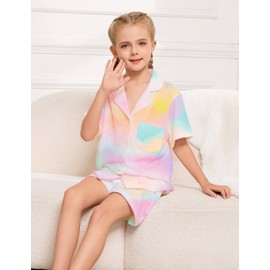 ALHAVONE 4 Pcs Kids Girls Pajamas Set with Headband Eye Masks Boy Girl Button-up Pajama Sleepwear Nightwear (Tie Dye Rainbow Short, 140)