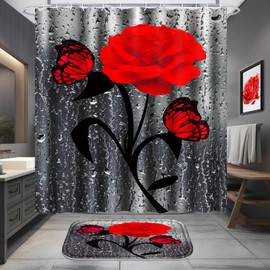 Poedist 4 Pcs Bathroom Set,Red Rose Shower Curtain Sets, Floral Shower Curtain Sets with Rugs(Bath Mat,U Shape and Toilet Lid Cover Mat) and 12 Hooks