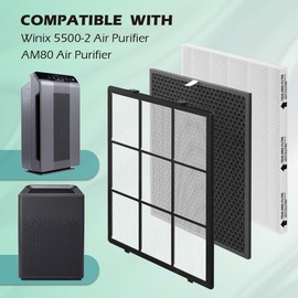 SAKEGDY 116130 Replacement Filter H fit for Winix 5500-2 Air Cleaner Purifier and Winix AM80, Package Contain 2 Washable Pre-Filter+3 HEPA Filter+3 Activated Carbon Filter Combo Pack