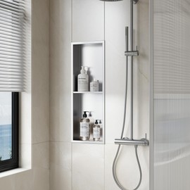 Neodrain Shower Niche Double Shelf Stainless Steel No Tile Needed Bathroom Niches Recessed in Wall, 2-Tier Recessed Wall Niche Waterproof Cubby(8X24 Inch,Brushed)