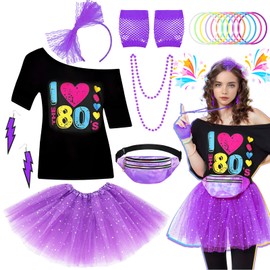Ladies 80s Fancy Dress Costume, 1980s Costume Outfits Accessories Set with T-Shirt Tutu Skirt Bag Gloves Headband Earrings Necklace Bracelets for Women Girls Retro Theme Hen Party