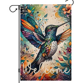 XUEXIANSHU Welcome Floral Garden Flag 12x18 Inch Double Sided, Summer Colorful Vibrant Hummingbird Yard Flag, Seasonal Small Farmhouse Yard Lawn Outdoor Home Decorations