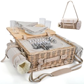 Multifunctional Wicker Picnic Basket Set for 4 with Blanket and Picnic Table, Insulated Picnic Set with Full Tablewares for Camping Outdoor Couples, Flowers