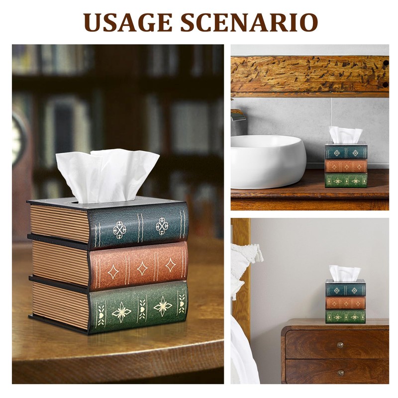 Hoowen Antique Wooden Book Tissue Holder, Decorative Square Tissue Cover