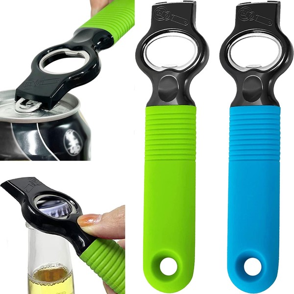 DUNLAGUE Soda Can Opener and Beer Bottle Opener Bartender with 4.2" Long Silicone Handle, Pop Top Can Tab Opener for Long Nails, Bottle Opener for Arthritic Hand and Seniors 1* Blue 1* Green