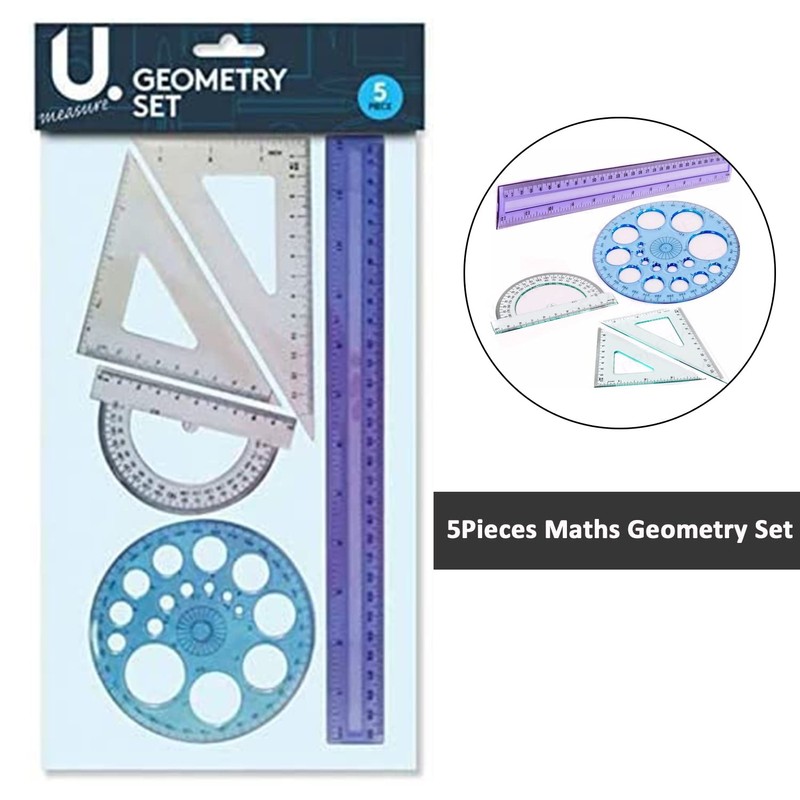 5pc Maths Geometry Set 30cm Ruler Set Square Protractor Circle