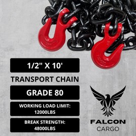 Falcon Cargo 1/2" X 10' Grade 80 Transport Binder Chain - 12000LB WLL - Clevis Grab Hook, Tie-Down, Towing