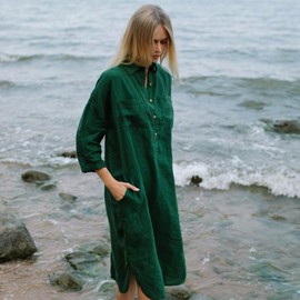 Seaside Tones Linen Shirt Dress - Green