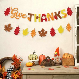 Give Thanks Banner, Thanksgiving Party Decorations Glitter Garland Bunting Fall Autumn Maple Leaf Pumpkin Photo Props for Thanksgiving Home, Office, School Party Decorations