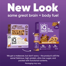 IQBAR Brain and Body Plant Protein Bars - Almond Butter Chip - 24 Count, Low Carb, High Fiber, Gluten Free, Vegan Snacks - Low Sugar Keto Energy Bars