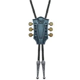 QUKE Mens Native Western Cowboy Country Music Guitar Head Bolo Tie Genuine Leather