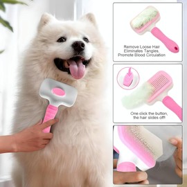 SHEEN Dog Brush Cat Brush Grooming Comb,Self Cleaning Cat Dog Slicker Brushes with Smooth handle,Pet Grooming Tool with Cleaning Button for Cat Dog Shedding Brush Cat Dog Massage Clean (PINK)