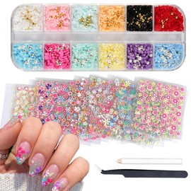 Flower Nail Charms Nail Art Kit with 30 Sheets Flower Nail Stickers 12 Boxes Colorful Flower with Rhinestone Nail Supplies 3D Nail Charms,Flower Nail Decals for Women Acrylic DIY Nail Art Decoration