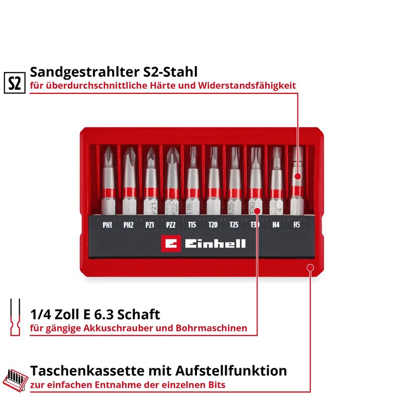 Einhell Bit Set 10 Pieces (50 mm Bits PH/PZ/T/H, Sandblasted