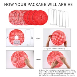 Blulu - Linternas redondas de papel rojo para decoración de fiesta de picnic, decoración de fiesta de pizza, suministros de fiesta rojo y blanco (cuadros blancos y rojos, rojo puro, 6 piezas)