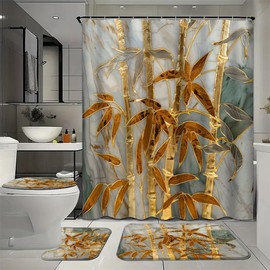 4 Pcs Modern Golden Bamboo Shower Curtain Bathroom Set with Rugs, Watercolor Plant Pictures Shower Curtain with 12 Hooks, Toilet Lid Cover and Bath Mat for Bathroom Decor Set