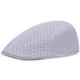 Brcus Men's Mesh Duckbill Newsboy Beret Solid Ivy Cap Cabbie Driving Flat Cap, White, Hat measurement 56-58cm