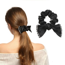 Bow Look Black Silk Hair Scrunchies with Rhinestone - Softer than Silk, Jumbo Satin Hair Tie for Thick & Thin Hair