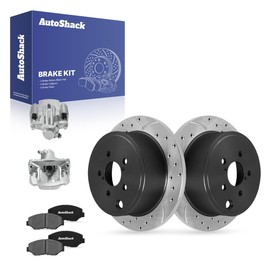 AutoShack Rear Solid Drilled & Slotted E-Coated Brake Rotors + Ceramic Pads + Calipers 8-PC Brake Kit Replacement for 2014-2018 Subaru Forester 2012-2023 Subaru Impreza ShadowGuard 10.78" (273.8 mm)
