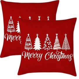 Aitukang Red Merry Christmas Pillow Covers 18x18 Inch Set of 2 Christmas Tree Decorative Throw Pillow Cover Winter Holiday Cushion Case for Home Couch Sofa Outdoor Christmas Decorations