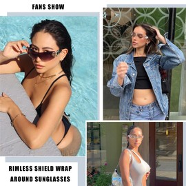 Pro Acme Wrap Around Rimless Sunglasses for Women Men Oversized Fashion Futuristic Sun Glasses Flat Top Shield 2000S Trendy(White/Sliver+Brown/Gradient Brown)