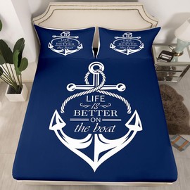 Castle Fairy Nautical Anchor Bed Sheet Set for Boys Girls,Boat Life Themed Art Anchor Print Bed Sheet Set Full Size Bedding Set,Blue Ocean Themed Navy Fitted Sheet and 1 Flat, 2 Pillow Sham