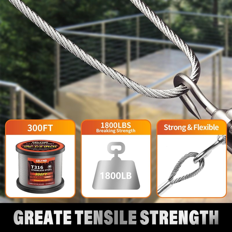CELYND Stainless Steel Cable for Railing - 300FT 1/8" T316