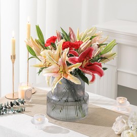 YANWE Black Glass Vase - Ribbed, Fluted Design for Flowers - Modern, Large Vase for Living Room, Office, Dining Table, Entryway, Mantle, Shelf, Wedding - 9 Inches