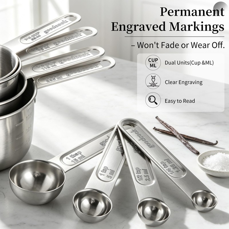 YC Kitchen 8Pcs Measuring Cups and Spoons Set Stainless Steel