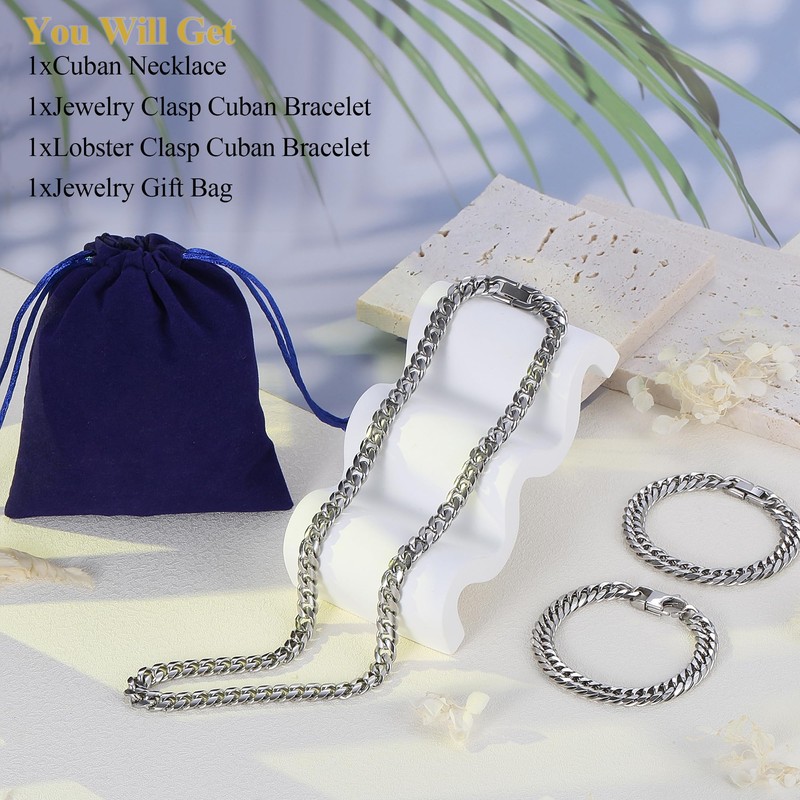 Aospkle 3PCS Cuban Link Bracelet Necklace, Sturdy 316L Stainless Steel