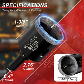REKCKRUL 1-3/8 Inch Diamond Hole Saw with Pilot Drill Bit, 2PCS Premium Tile Hole Saws for Porcelain, Ceramic, Granite, Marble, Glass – 1-3/8" Cutting Depth, Serrated Edge & Wet/Dry Use (35mm)
