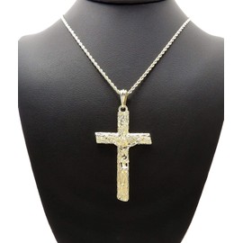 NYFASHION101 INRI Jesus Christ on Textured Cross Pendant Pendant with 3mm Rope Chain Necklace, Gold-Tone, 20"