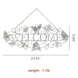 Queltharion Metal Welcome Wall Decor Rustic Farmhouse Distressed Flower and Butterfly Welcome Sign Hanging Decorative for Garden Porch Patio Yard Outdoor 23.5" L (White)