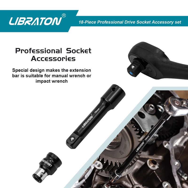 LIBRATON Socket Extension and Ratchet Set 18PCs - Impact Socket