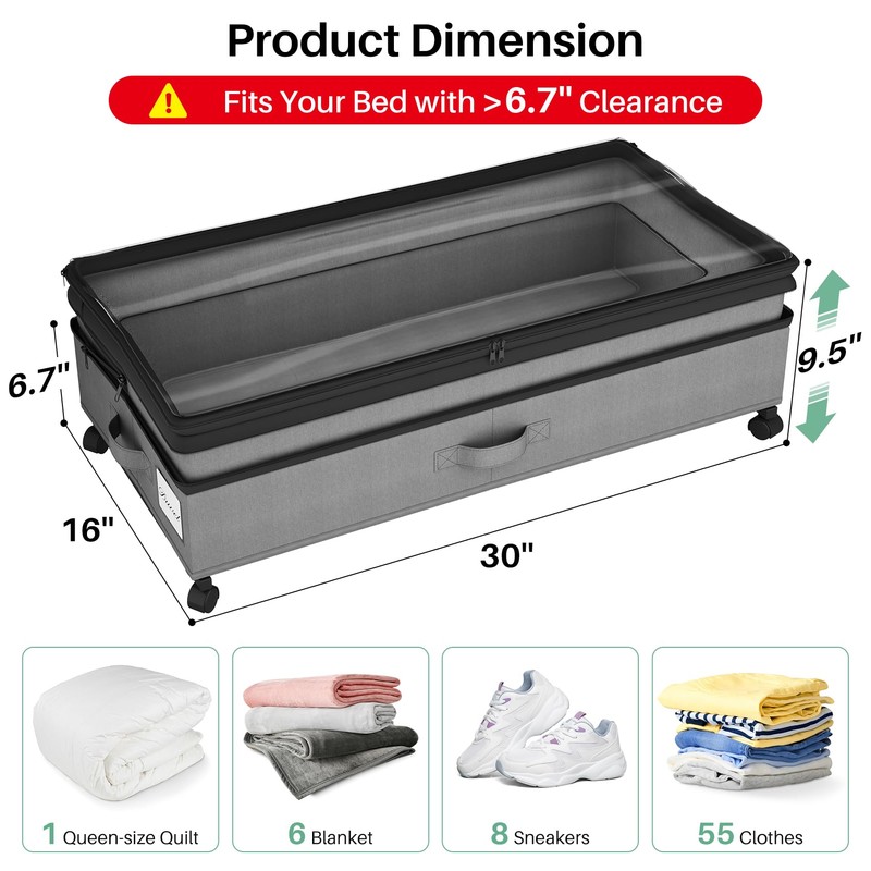 Kitstorack 2Pack Height-adjustable Under Bed Storage with Wheels, Under Bed